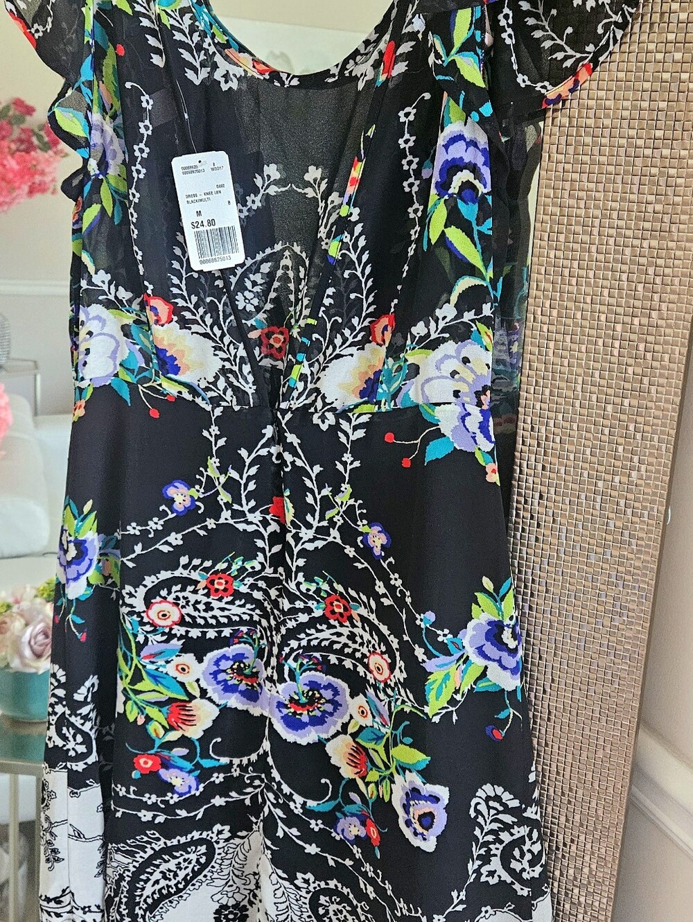 Forever 21 Black Floral V-Neck Dress with Multicolor Accents